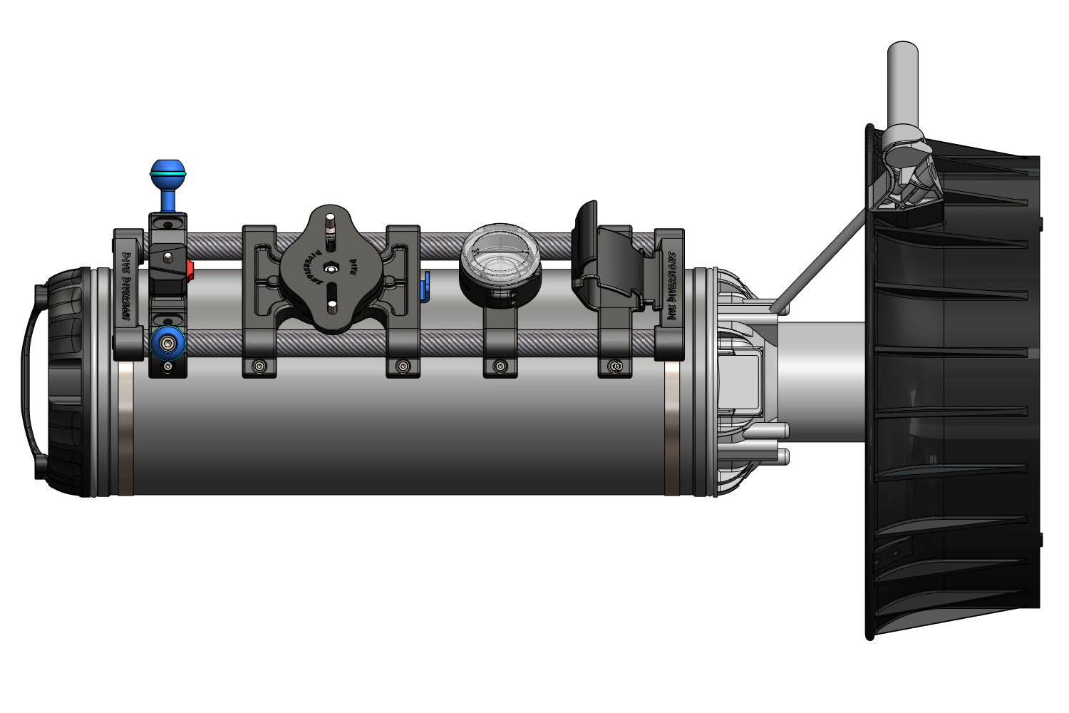 Image showing a drawing of the rail mount system showing mounted to a scooter.