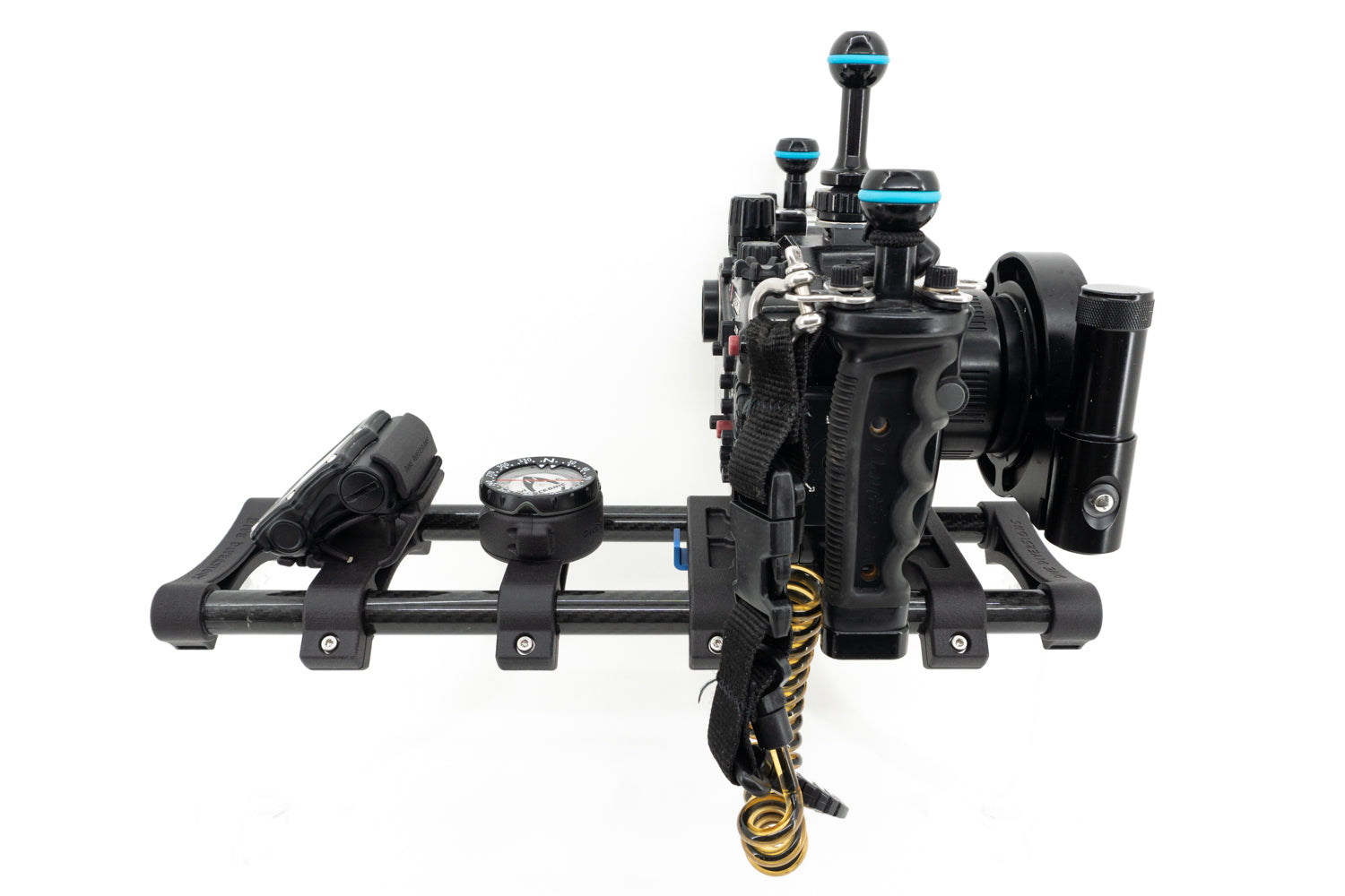 Example setup of the Rail Mount System with a large camera, dive computer and compass mounted.