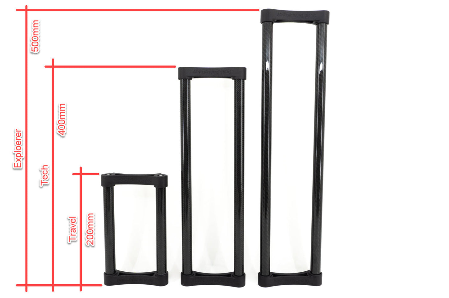 Blacktip rail mount system, image shows the three sizes available, 200mm, 400mm and 5oomm.